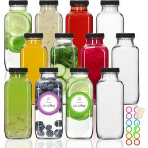 STARSIDE 12 oz Glass Juice Bottles with Lids 8 Pack - Square Reusable Drinking Jars for Juicing, Milk, Kombucha - Includes 1 Bottle Brush, 12 Colored Labels