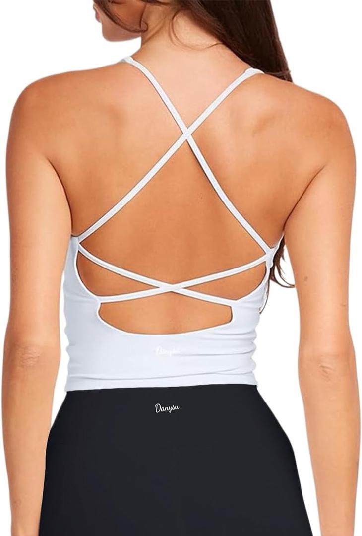 Danysu Sculpt Workout Tank Tops Women Backless Longline Sports Bras Strappy Padded Yoga Top (Small, #1.v Neck Lucent White)