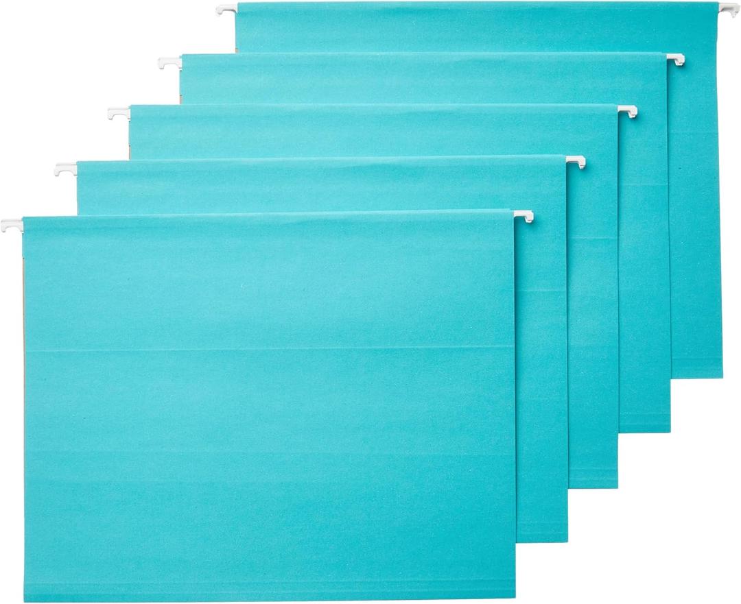 Amazon Basics Hanging File Folders with Adjustable Tabs for Document Organization, Letter Size, Aqua, 25-Pack