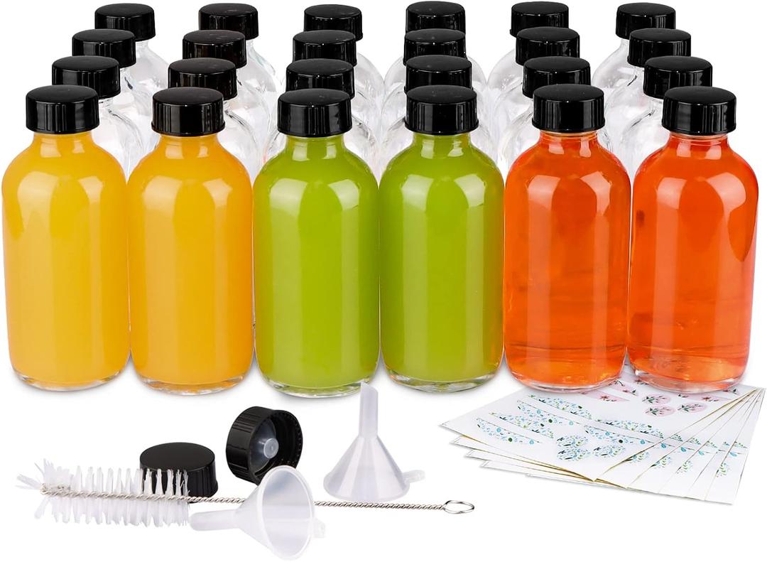 PINIWON 24 Pack 4 oz Clear Glass Bottles, 120ml Boston Round Sample Bottles with Black Poly Cone Caps, Labels, Funnels and Brush
