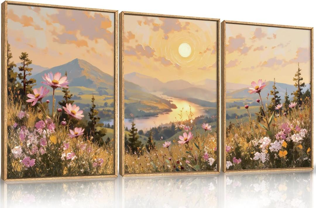 LHIUEM Large Boho Sunset Wildflower Framed Canvas Wall Art,Nature Pink Flower Wall Decor,Blossom Botanical Mountain Landscape Artwork for Living Room,Bedroom,Dining Room,Office -16"x24"x3