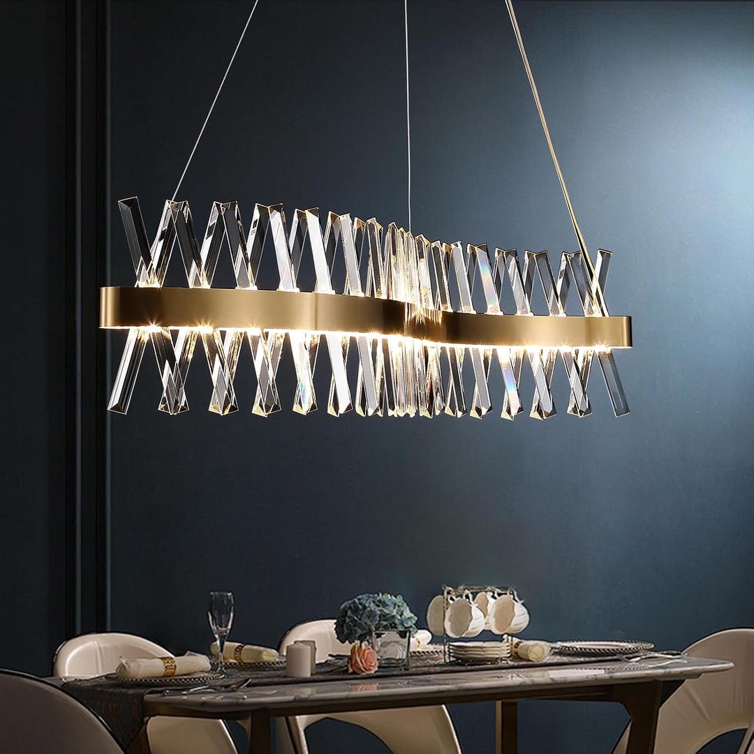 Gold Crystal Chandelier Modern LED Ceiling Pendant Light Fixture 40 Modern Linear Flush Mount Hanging Light for Dining Room Kitchen Island Bedroom, Brushed Finish Warm White 3000K UL Listed