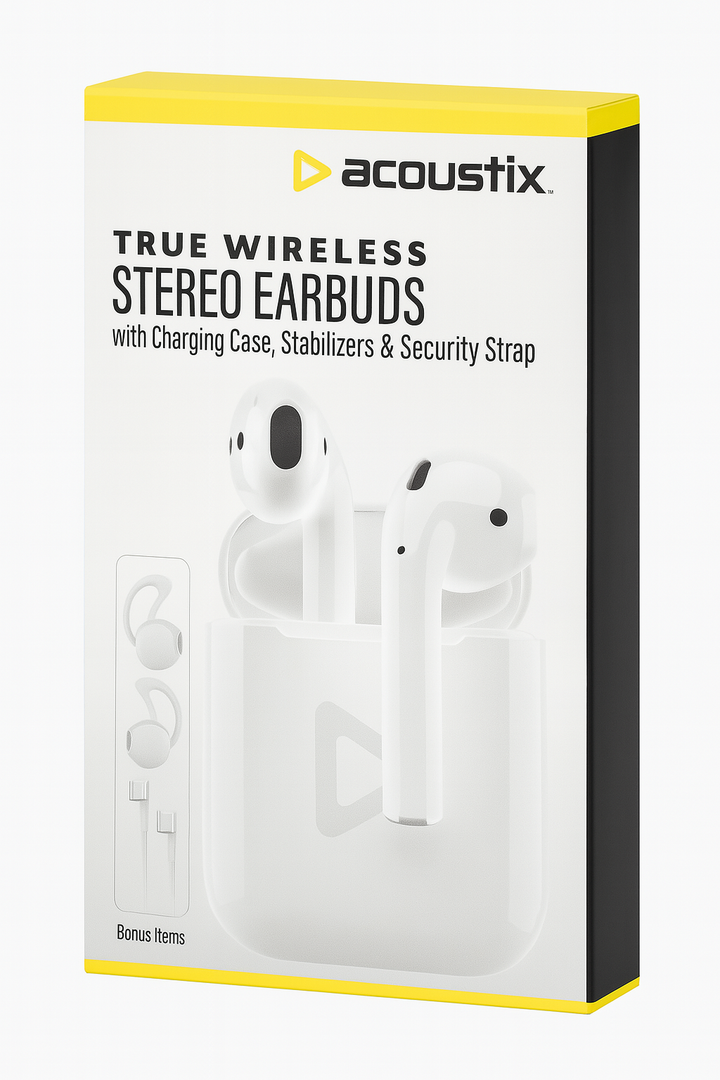 Acoustix True Wireless Stereo Earbuds with Charging Case, WHITE