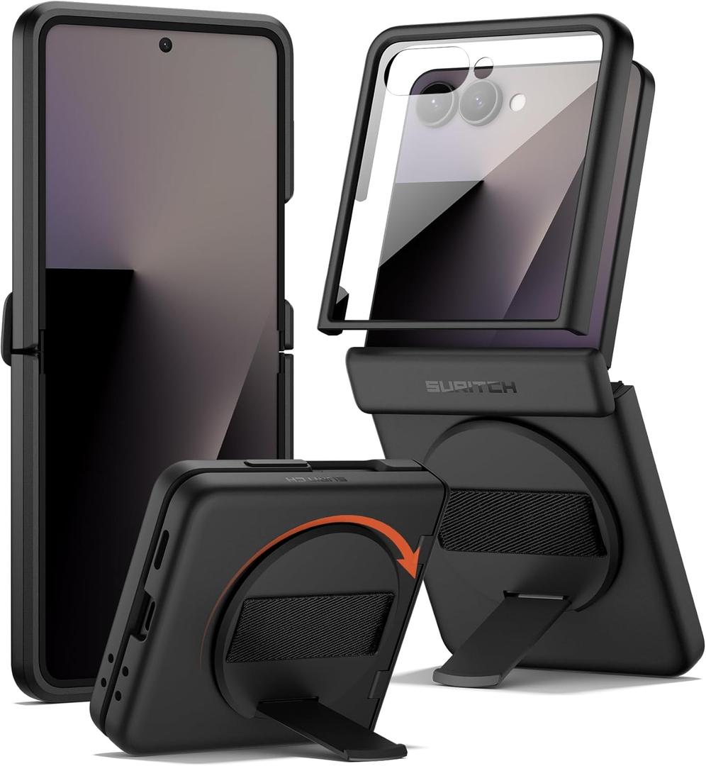 SURITCH for Samsung Galaxy Z Flip7 Case with 360 Rotatable Hand Strap Phone Grip Holder & Invisible Kickstand & Screen Protector, Protective Cover for Flip 7 -Black