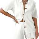 Pink Queen Women Knit Shorts Set 2 Piece Outfits Short Sleeve Button Down Sweater Top and Shorts Lounge Set (White, L)