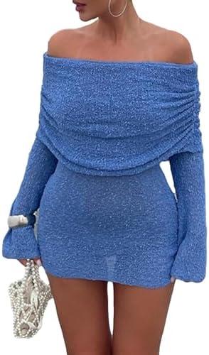 Unybwonn Women's Off Shoulder Mini Short Dress Bodycon Long Sleeve Crochet Sexy Going Out Mesh Elegant Sweater Dresses L