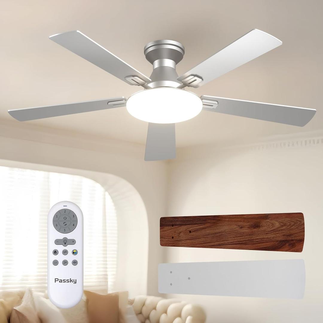 Passky Ceiling Fans with Lights, 52 inch Flush Mount Ceiling fan with Remote Control, Low Profile Silver Ceiling Fan for Bedroom, Farmhouse, Reversible, 3CCT, Dimmable, Noiseless DC Motor