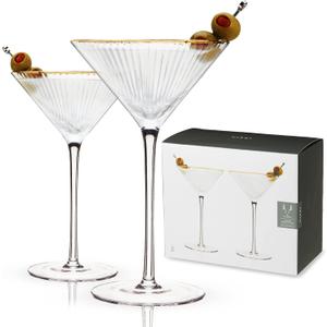 Viski Meridian Martini Glasses - Stemmed Fun Cocktail Glasses - Art Deco Ripple Gold Rimmed Crystal Glassware - 7.8oz Set of 2