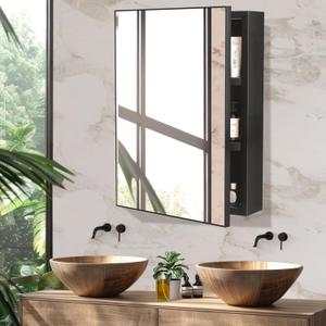 JBLCC Medicine Cabinet with Mirror, 16''x22'' Aluminum Bathroom Mirror with Storage Pre-Assembled, Wall Mounted or Recessed Medicine Cabinet, Black