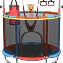 60" Toddler Trampoline for Age 2-4, 5ft Mini Kids Trampoline Indoor with Basketball Ball Adjustable Gymnastics Bar & Toys Swing Enclosure Net for Backyard ASTM Approved