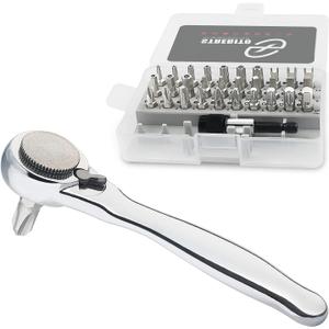 STREBITO Right Angle Screwdriver 32-Piece 1/4 Inch Mini Ratchet Set Low Profile Offset Bit Set with 72-Tooth Ratcheting Wrench Stubby Ratchet 90 Degree Screwdriver for Small Spaces