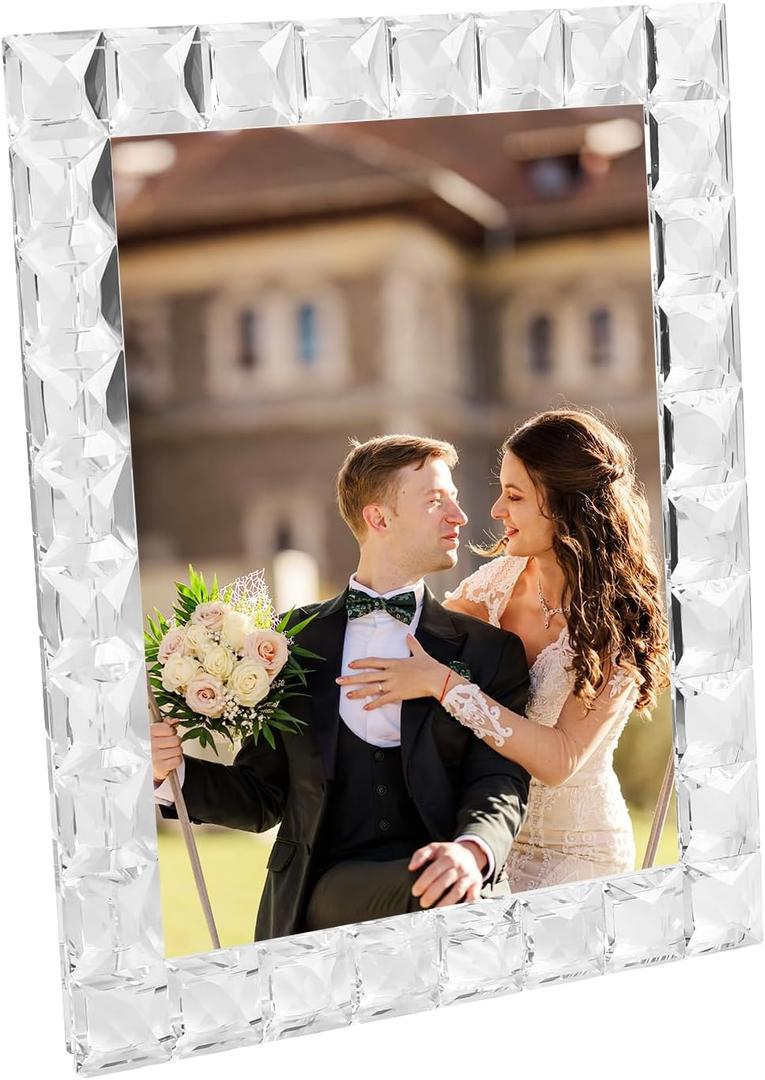 Luxury Crystal Picture Photo Frame,Grid Diamond Craft,Crystal Wedding Frame of Keepsake Photo Frames, Tabletop Display Decor Frame, Clear with Gift Box (8" x 10")