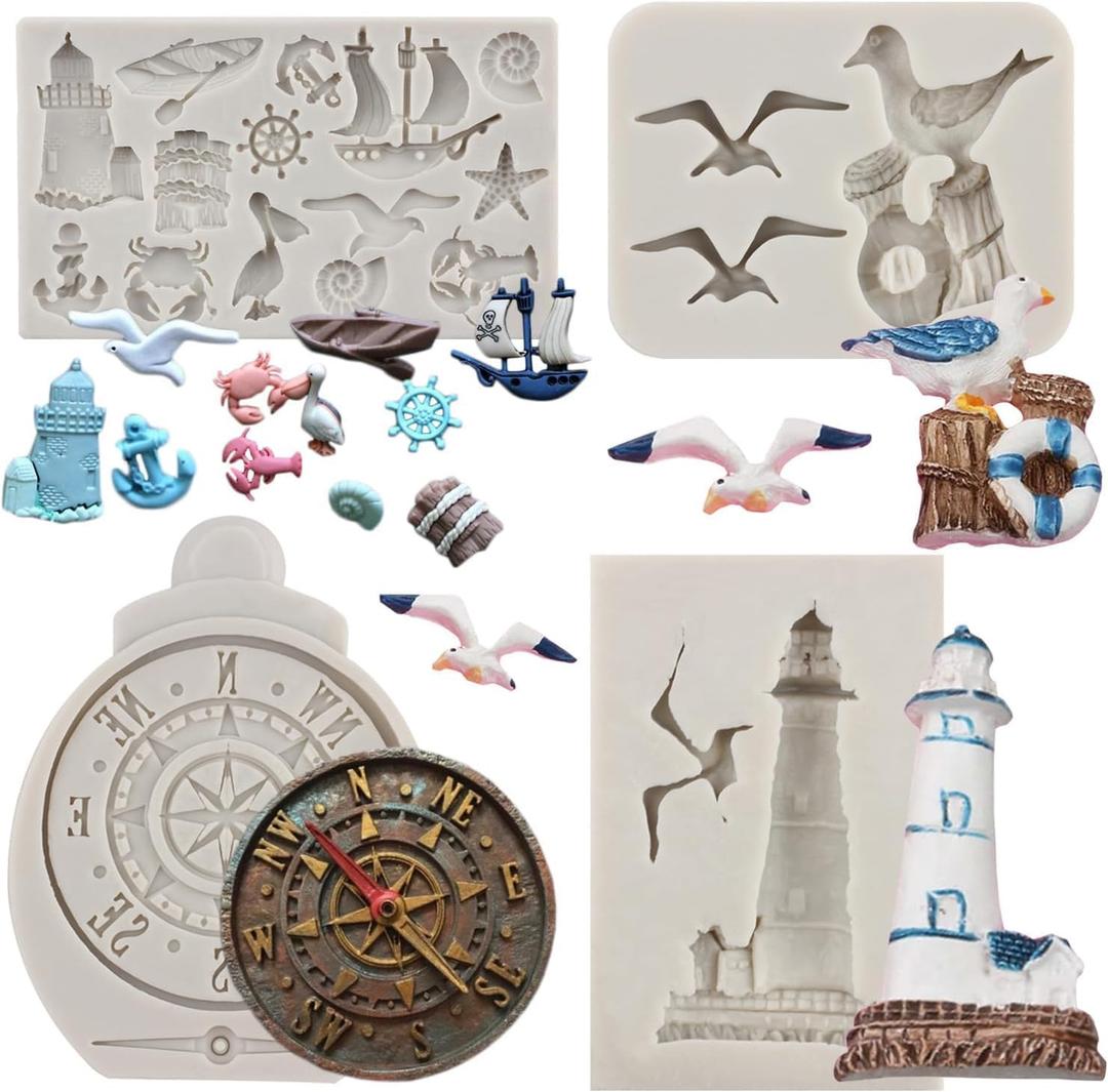 Sijiangmold Sailing Ship Fondant Molds Compass Anchor Rudder Lighthouse Silicone Molds For Cake Decorating Chocolate Candy Cupcake Topper Polymer Clay Set Of 4 (Style B)