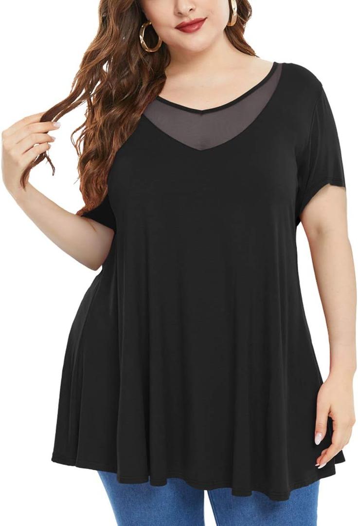 MONNURO Womens Short Sleeve V Neck Sexy Tops Casual Loose Plus Size Tunics Basic T-Shirt for Legging (2X, Black)