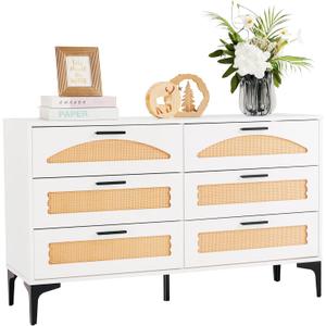 6 Drawer Double Dresser for Bedroom, Wood Rattan Dresser for Closet with Metal Handles, Boho TV Stand with Drawers, White Dressers & Chests of Drawers for Bedroom, Hallway and Entryway