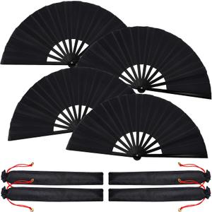 Blulu 4 Pcs Large Folding Fans Bulk with 4 Fan Sleeves, Chinese Kung Fu Hand Clack Rave Fans for Line Dancing, Festival, Party Decor and Performance(Classic Style,Black,13 Inch)