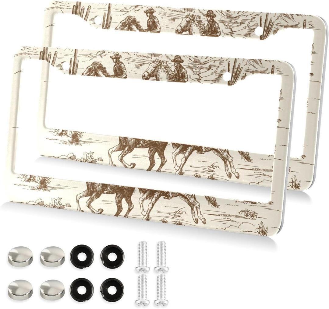 Kigai Western Desert Cowboy License Plate Frames 2PCS Car License Plate Holder with Screw Caps Set Automotive Parts Decoration for US Vehicles (A2), 6"L x 12"W
