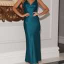Womens Elegant Satin V Neck Backless Sleeveless Maxi Dress Silk Tie Low Back Formal Cocktail Dresses Wedding Guest (Blue, M)