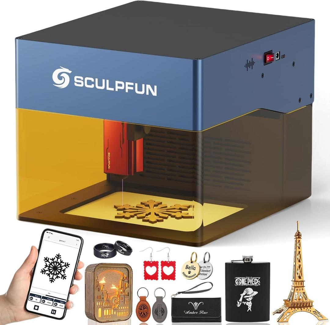 SCULPFUN iCube Pro Laser Engraver, 5000mW Desktop Laser Cutter with Smoke Filtration System, Laser Class 4, 125125mm Engraving Area, No Assembly Required, 0.01mm Carving Precision