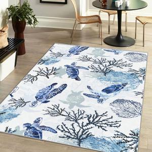 Coastal Nautical Rug for Bedroom & Living Room, Soft Low Velvet Carpet, Washable Beach Area Rug, Modern Blue Sea Turtle, 3x5