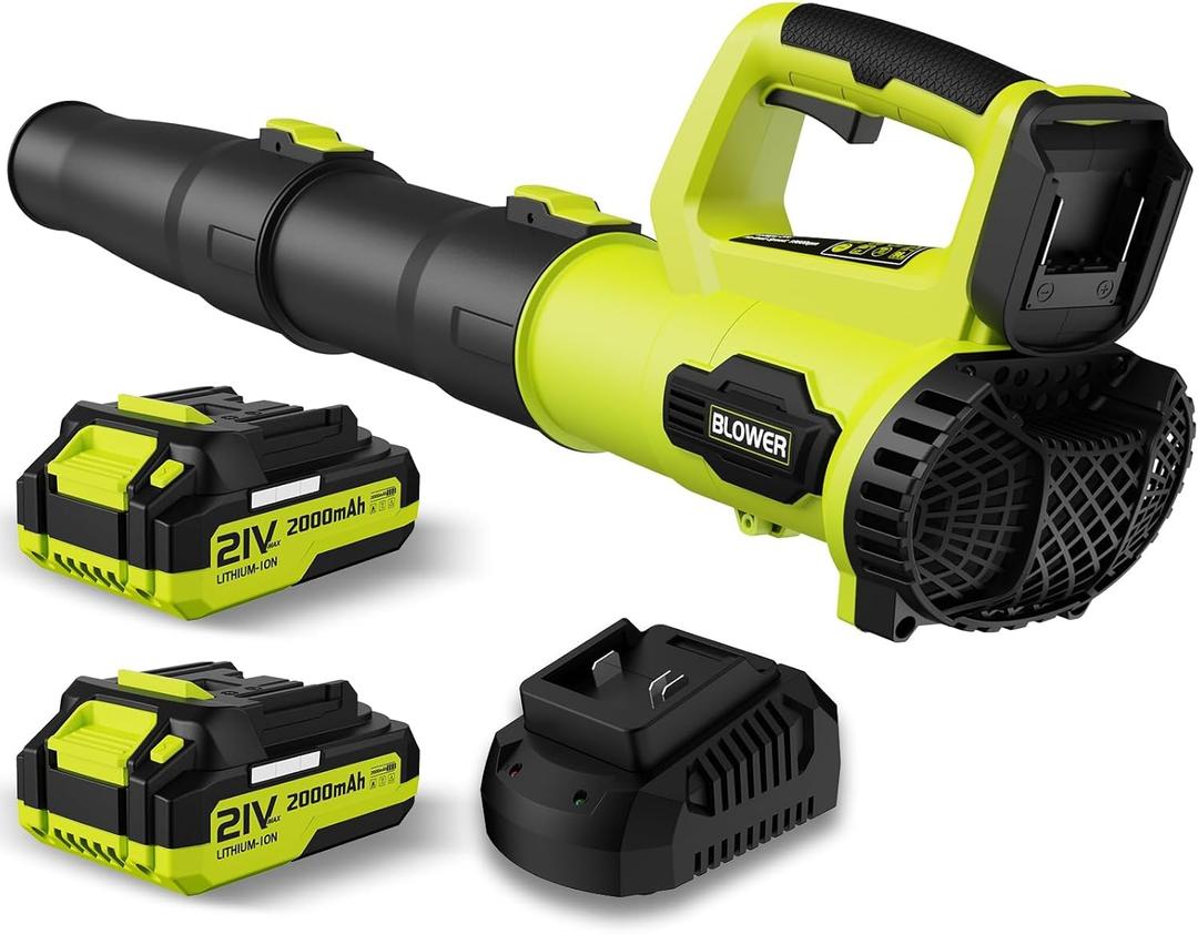 Leaf Blower, 21V Cordless Electric Blower with 2 2.0Ah Batteries and 1 Hour Fast Charger, Lightweight Leaf Blower for Patio Cleaning, Lawn Care, Blowing Fallen Leaves and Dust, etc. (Green)