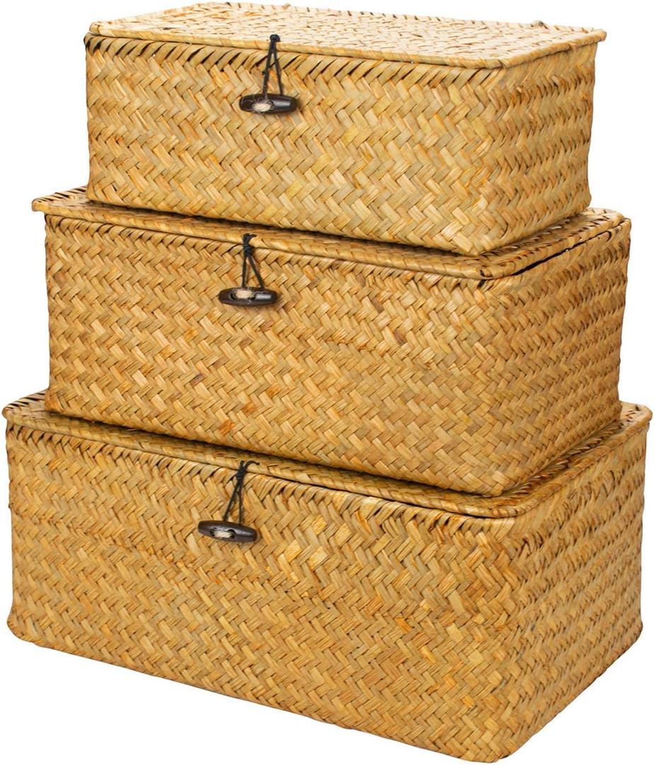 Yesland Shelf Baskets with Lid Set of 3, Handwoven Seagrass Storage Bins Box Rectangular Seagrass Basket Storage Organizer Wicker Basket for Shelf