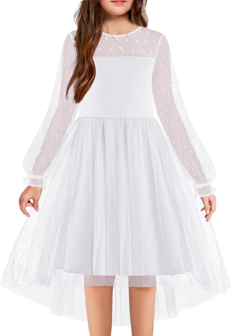 Arshiner Girls Dresses Contrast Mesh Long Sleeve Twirly High Low Birthday Party Formal Dress (16, White)