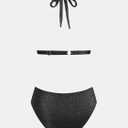 CUPSHE Women's Two Piece Bikini Sets V Neck Bathing Suits Textured Halter Side Shirred Back Hook Adjustable Straps, L