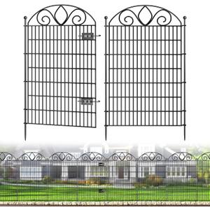 4 Panels No Dig Tall Garden Fence with Gate  48" H X 10.5' L Rustproof Metal Dog Fence Outdoor for Yard, Decorative Animal Barrier Fence for Pet, Garden Border, Patio, Flower | Temporary Fencing
