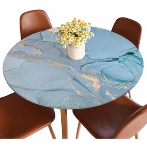 Marble Round Fitted Tablecloth Green Blue Ink Colors Translucent Modern Elastic Edge Tablecloth Waterproof Oilcloth Table Cover for 40"-44"