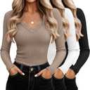 3 Pack Women's Cotton Long Sleeve Tops V Neck Ribbed Knit Lace Sexy Shirts Slim Fit Dressy Casual Tight Basic Tees (Large, Khaki, White, Black)