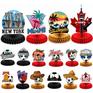 2 x Huwena 16 Pcs Soccer Party Decorations Honeycomb Centerpieces, North America Host City Themed Table Toppers, Double-Sided Print Soccer Game Day Table Supplies for Fans, Watch Party, Birthday