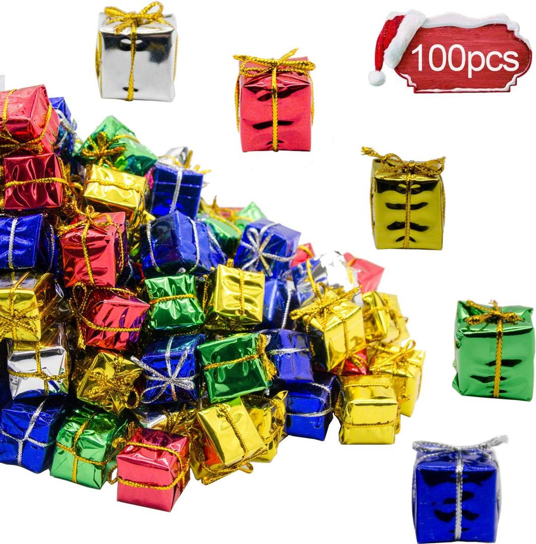 100 Pcs Christmas Shiny Mini Boxes Ornaments, Assorted Colors Metallic Foil Wrapped Ornaments Decoration Boxes for Christmas Tree Hanging Decorations