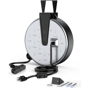 DEWENWILS Metal Extension Cord Reel,30FT Retractable Extension Cord, 16AWG/3C SJTW Power Cord, 3 Electrical Outlets, 10A Circuit Breaker, Wall or Ceiling Mountable for Workshop, Garage, UL Listed (Silver/Black-black Cord)