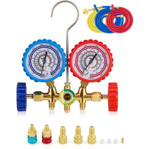 Orion Motor Tech AC Gauge Set, 3 Way AC Manifold Gauge Set for R134a R410a R22 R404a Refrigerant Recharge with Shockproof HVAC Gauge Rubber Casings R134a Couplers R410a Adapters 29 Adapter