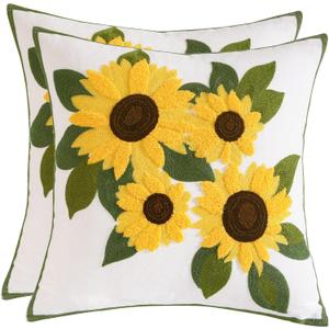 Tosleo Embroidered Throw Pillow Covers 18 x 18 inch Pack of 2 Cute Sunflower Spring Decorative Pillowcases Farmhouse Cotton Pillow Cushion Cases Home Decor Square Floral Pillow Case