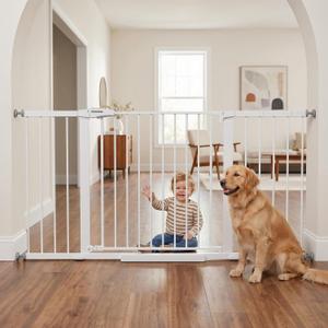 Mumeasy Extra Wide Baby Gate for Doorways, 36-63" Walk Thru Dog Gate with Auto Close Dual Swing for Stairs & Hallways, Easy Install Pressure Mounted Child Safety Gate for Toddlers & Pets Indoor, White