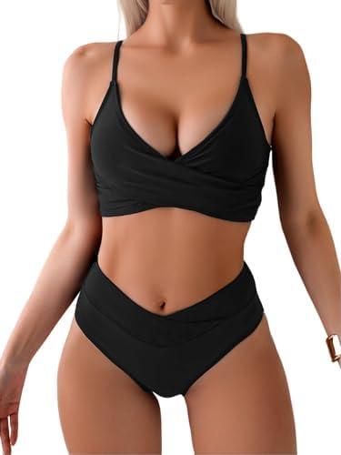 Limeeke Women's High Waisted Bikini Sets V Cut Bottom Two Piece Swimsuit Cross Front Adjustable Strap Bathing Suit, Size: M