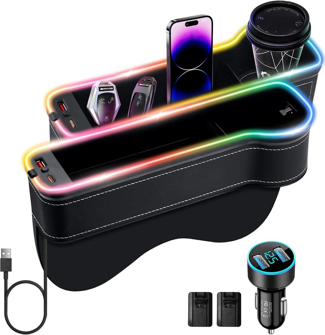 LED Car Seat Gap Filler Organizer Car Gap Filler with 10 Light Music Rhythm Modes USB and Type-C Charger Fit for iPhone Android (2 Pack) (YJXR-01-CL)