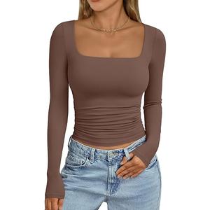 Trendy Queen Womens Long Sleeve Shirts Crop Tops Basic Square Neck Going Out Fall Fashion 2025 Fitted Clothes Workout Outfits (Medium, Coffee)