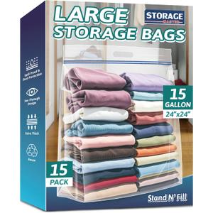Extra Large 15 Gallon Storage Bags - 24 x 24 with Resealable Zip and Carry Handle, Ideal for Clothes, Pillows, Moving and Travel, Set of 15