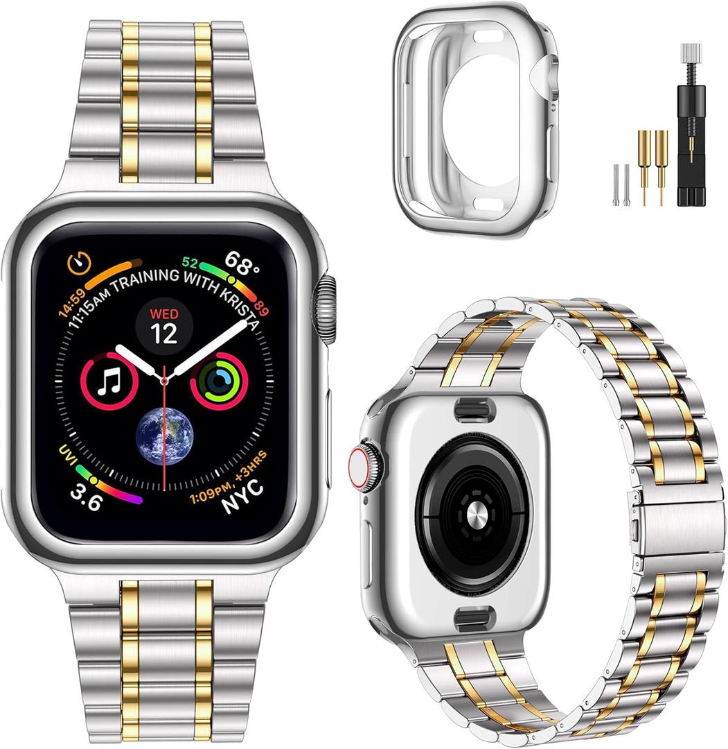 MioHHR Solid Stainless Steel Band Compatible with Apple Watch 42mm (Series 11 10), Metal Strap with Soft TPU Case for iWatch Series 11/10 42mm Women and Men, Silver/Gold