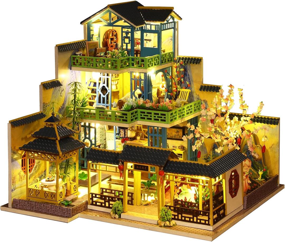 Spilay Dollhouse DIY Miniature Wooden Furniture Kit,Mini Handmade Big Castle Model with LED & Music Box,1:24 Scale Creative Doll House Toys for Adult Gift (Fuchun Resort With Led Dust Cover)