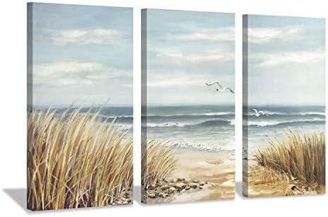 Abstract Beach Canvas Wall Art: Seashore Grasses Artwork Print Seascape Painting for Walls (26'' x 16'' x 3 Panels)