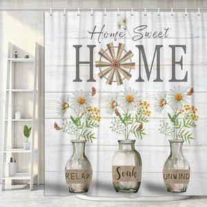 DeeCabin Rustic Farmhouse Daisy Shower Curtain, Country Flora Wood Shower Curtain Decor for Bathroom, Farm Home Flower Fabric Bathroom Shower Curtain Set with 12 Hooks, 70X70IN, Yellow