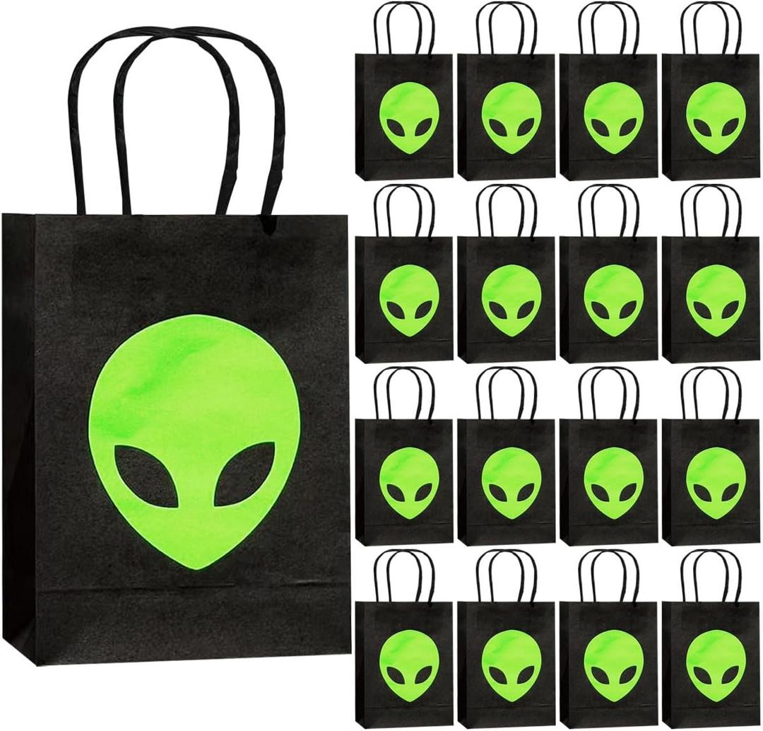 16PCS Green Alien Party Decorations Paper Bags Green Alien Paper Candy Treat Bags UFO Alien Birthday Party Decor Space Themed Party Decorations