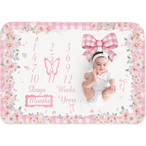Chumia Baby Monthly Milestone Blanket for Baby Girl 59"x39" Floral Photo Prop Age Milestone Blanket with 2 Felt Floral Wreath Frame (Pink, Bow)
