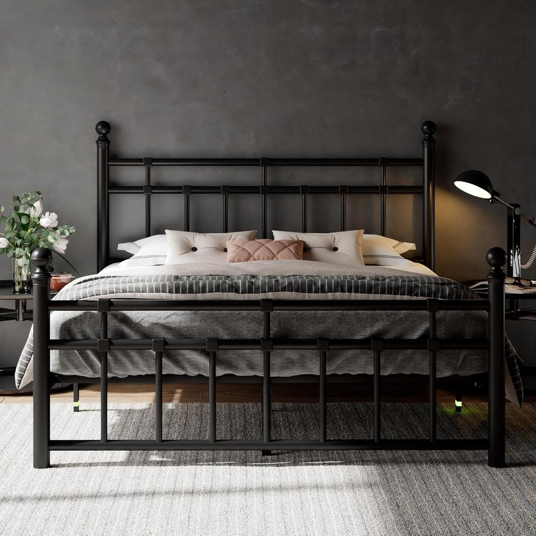 Feonase Queen Metal Platform Bed Frame with Victorian Classic Iron-Art Headboard & Footboard, Steel Slats Support, 12" Under Bed Storage, No Box Spring Needed, Noise-Free, Black