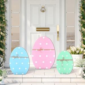 GlikCeil 3 Pcs Easter Wooden Porch Sign Easter Egg Standing Porch Decoration Rustic Welcome Decor for Spring Holiday Outdoor Party Lawn Garden Yard Entryway 12", 16", 21"