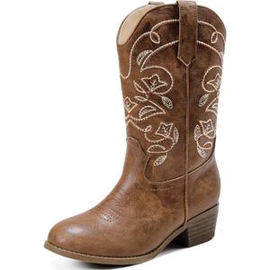 Cowgirl Boots for Girls Mid Calf Youth Girl Cowboy Western Boots Pointed Toe Embroidered for Horse Riding Country Party Toddler Little Big Kids (Brown)